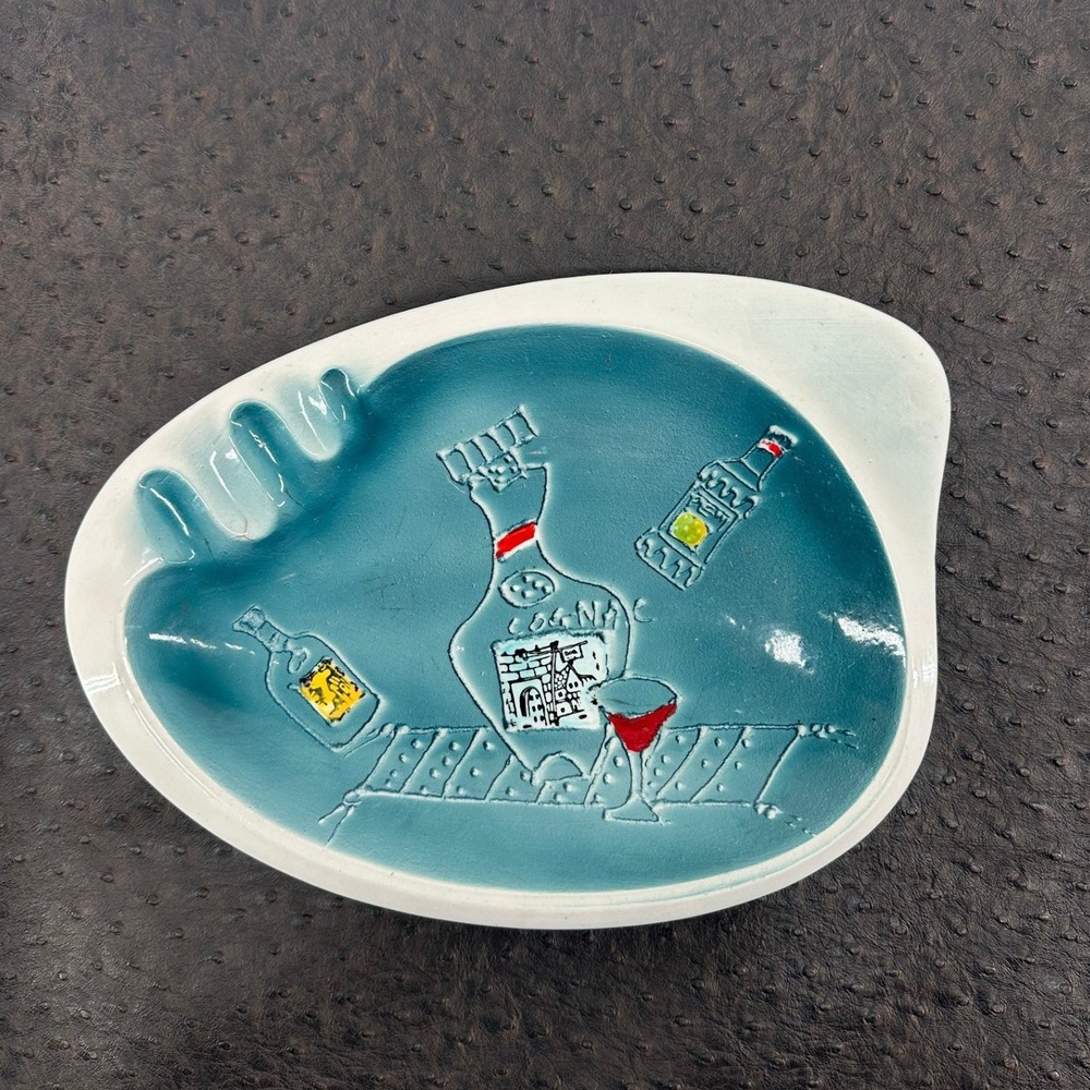 Vintage Wales Japan MCM Ceramic Kidney Ashtray Teal Barware Cognac Motif 7.5in